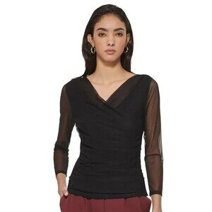 DKNY Women's Mesh Long-Sleeve Faux-Wrap V Neck Top Blouse Black XS